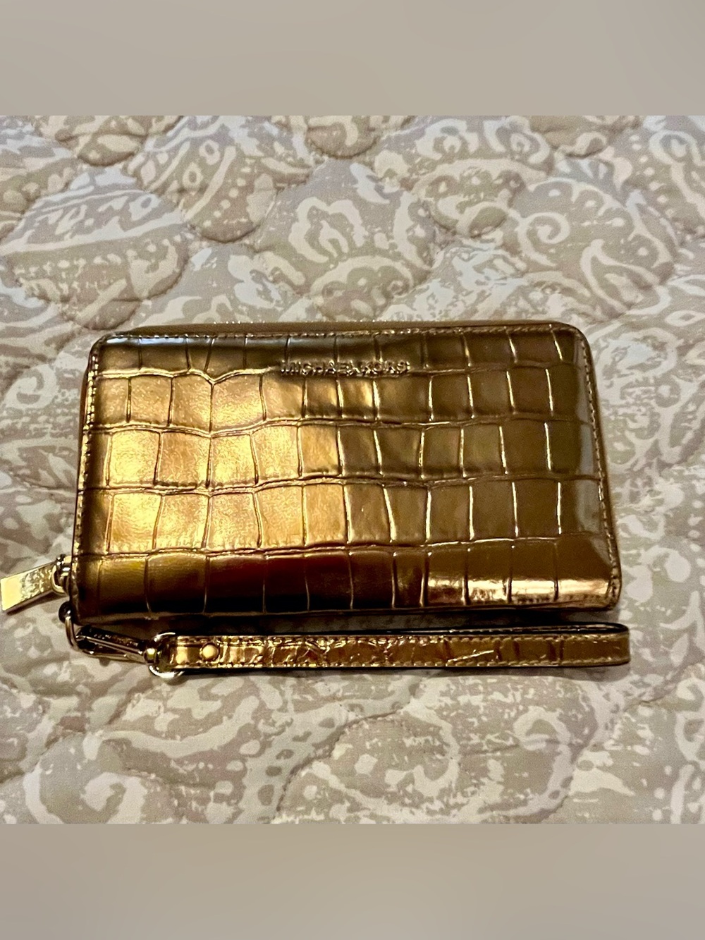 Michael Kors Metallic Gold Croc-Embossed Zip Wristlet Phone Case